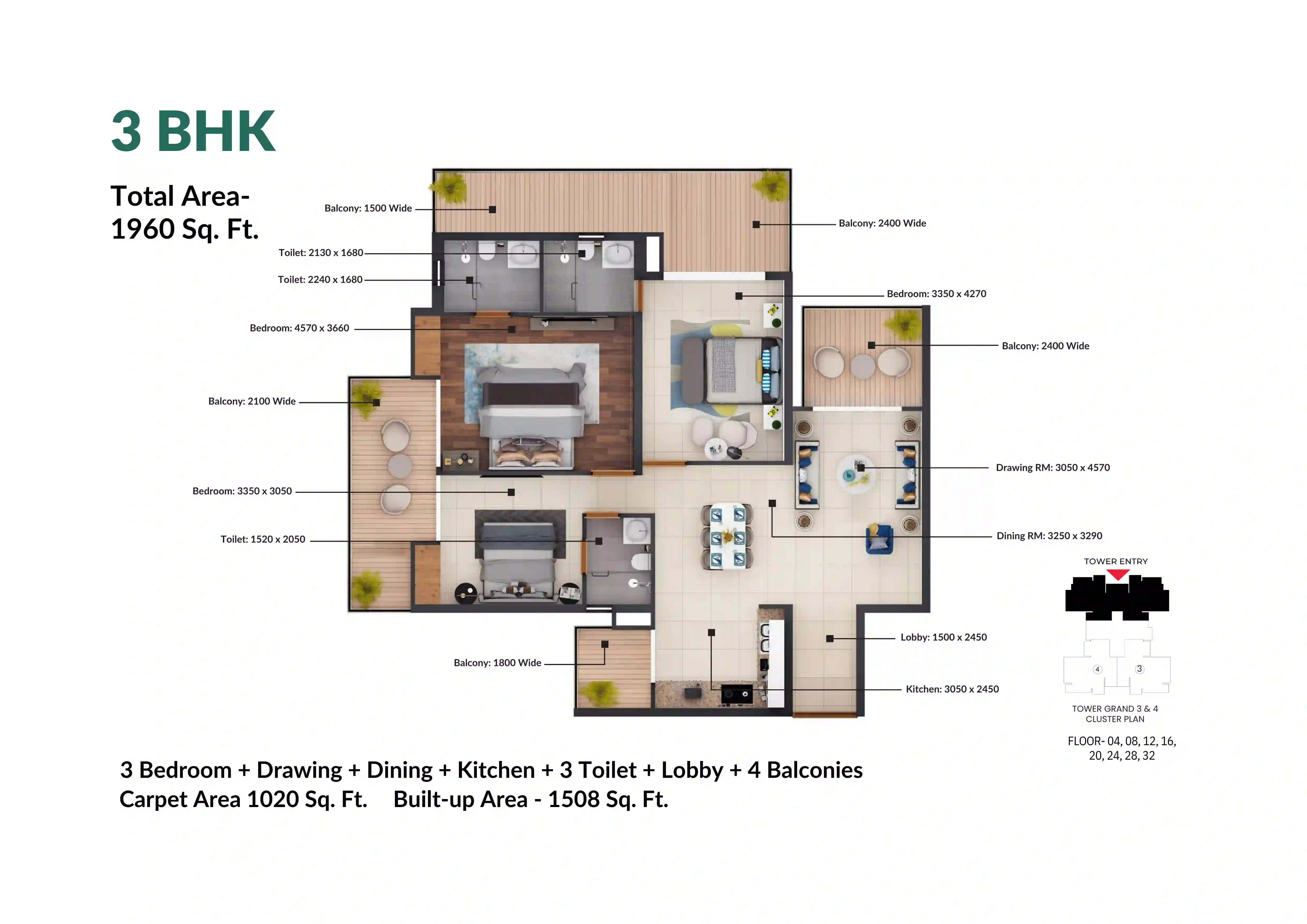 Nirala Grand 3 BHK floor plan 1960 sq.ft.