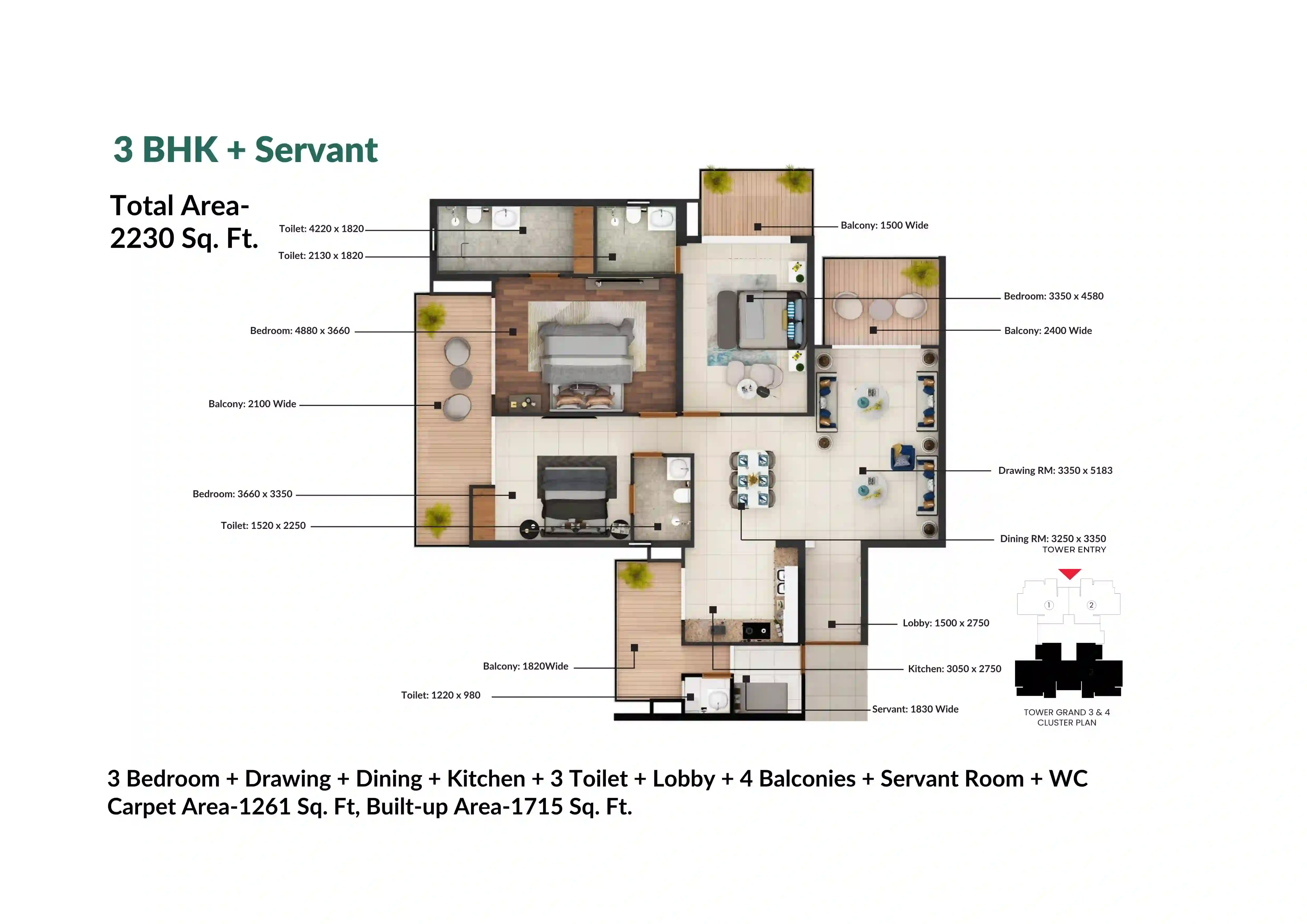 Nirala Grand 3 BHK + Servant floor plan 2230 sq.ft.