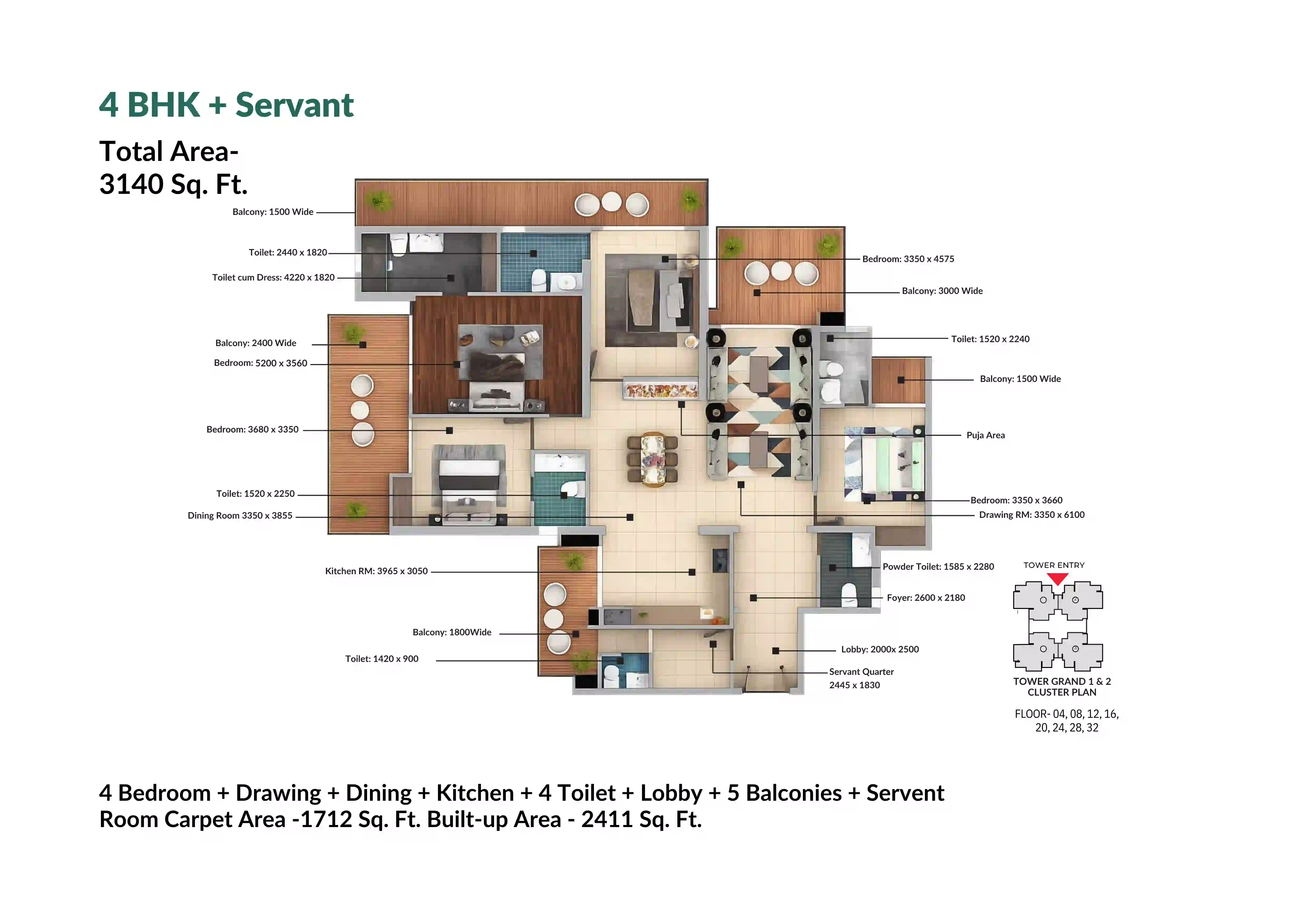 Nirala Grand 4 BHK + Servant floor plan 3140 sq.ft.